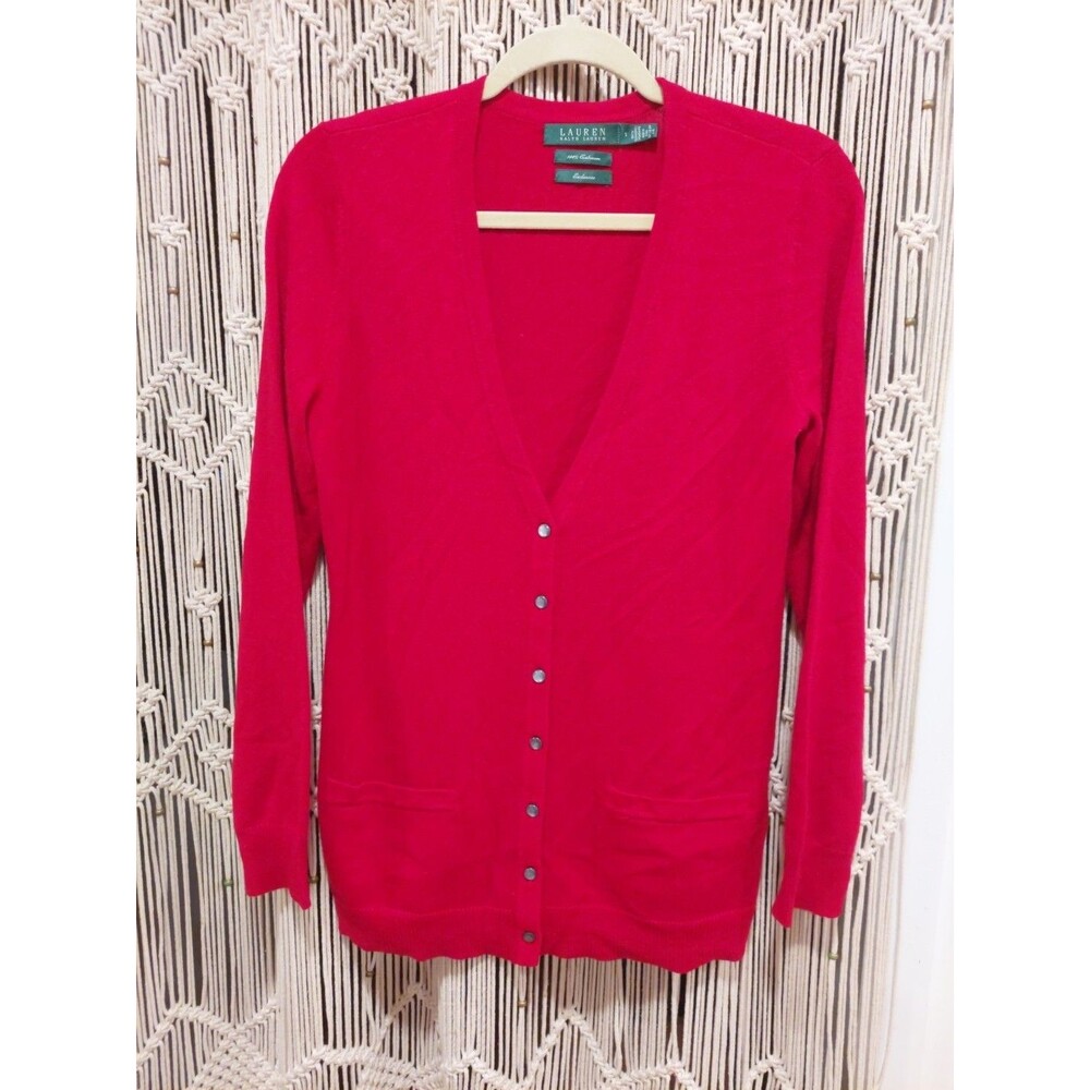 LRL Ralf Lauren Exclusive Red V-neck Cashmere Pearl buttons Cardigan NWOT Small